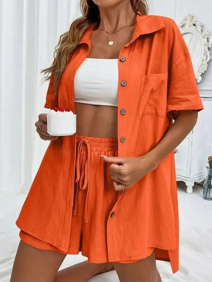Women’s Casual Two-Piece Suit – Short Sleeve Single-Breasted Top & Skirt, Solid Color