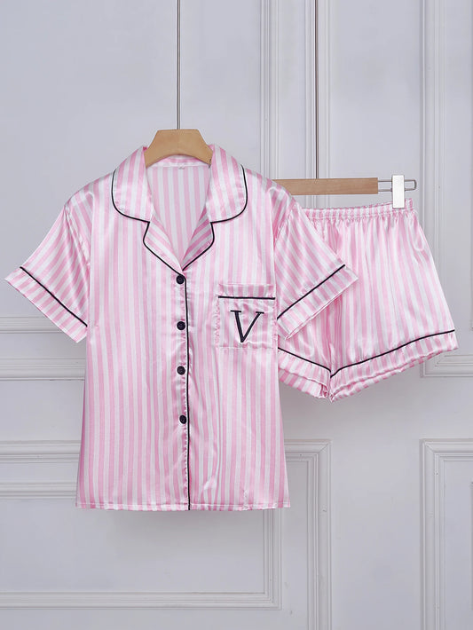 Striped Satin Pajama Set – Short Sleeve Top & Shorts with Embroidered Letter Pocket, Lapel Collar & Button Detail