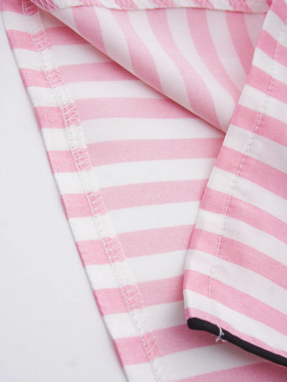 Women's Satin Pajama Set – Classic Striped Print, Short Sleeve Top & Long Pants with Lapel Collar, Pocket Letter & Button Detail