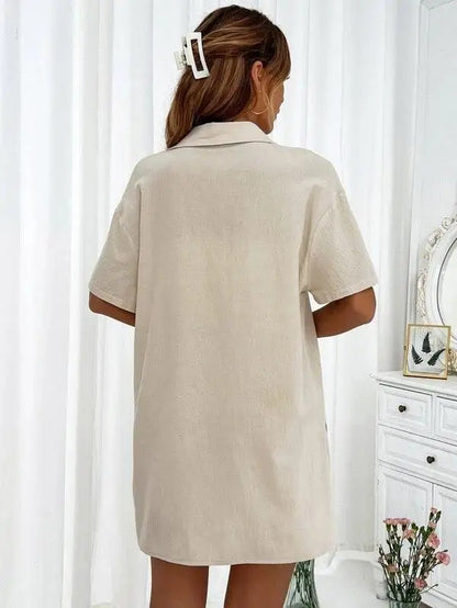 Women’s Casual Two-Piece Suit – Short Sleeve Single-Breasted Top & Skirt, Solid Color