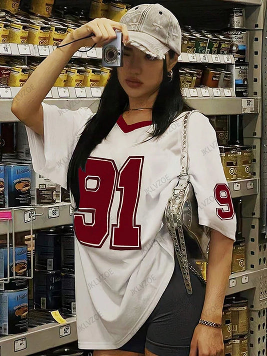Women’s Retro No.91 Printed T-Shirt – V-Neck, Short Sleeve, Loose Oversized Sports Jersey