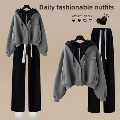 Women’s Loose Wide-Leg Pants Set – Casual Two-Piece Hoodie Outfit, Korean Style, Trendy INS Fashion