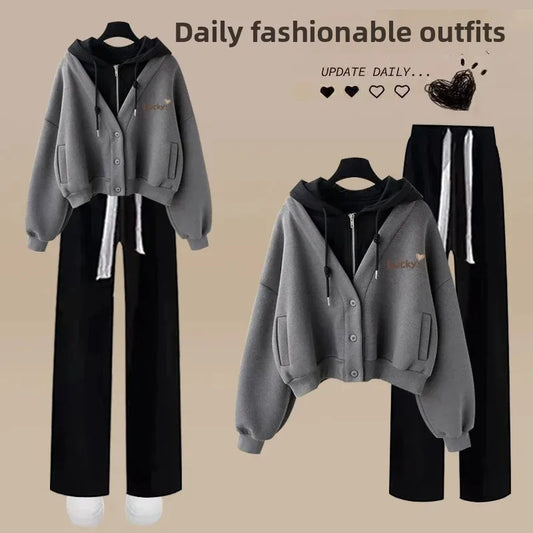 Women’s Loose Wide-Leg Pants Set – Casual Two-Piece Hoodie Outfit, Korean Style, Trendy INS Fashion