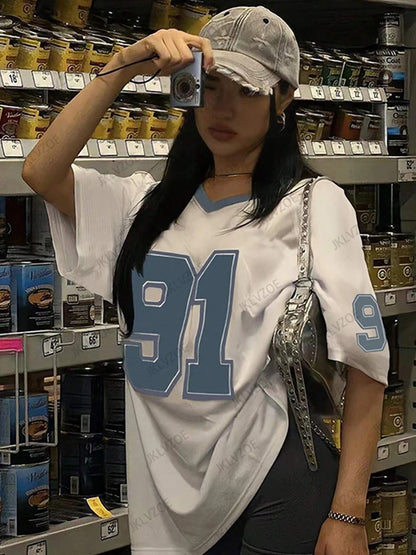 Women’s Retro No.91 Printed T-Shirt – V-Neck, Short Sleeve, Loose Oversized Sports Jersey