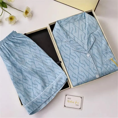 Summer Women’s Ice Silk Pajama Set – Short Sleeve Cardigan Loungewear