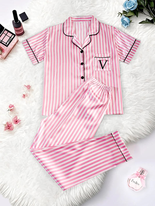 Women's Satin Pajama Set – Classic Striped Print, Short Sleeve Top & Long Pants with Lapel Collar, Pocket Letter & Button Detail