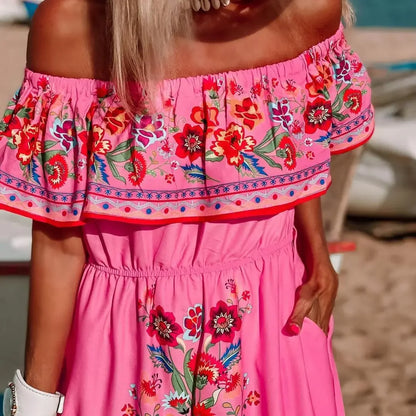 Spring/Summer One-Shoulder Maxi Dress – Red Flower Print, Sleeveless, Knee-Length, Regular Waist