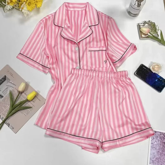 Plus-Size Women’s Pajama Set – Short Sleeve Top & Shorts with Striped Cardigan Lapel Homewear