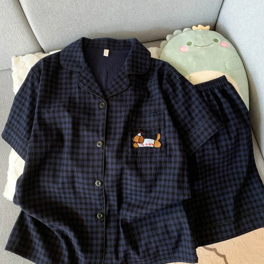 Cute Embroidered Dog Pajama Set – Plaid Short Sleeve Top & Shorts with Lapel Neck & Elastic Waist