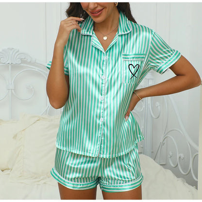Victoria Style Women's Satin Pajama Set – Striped Embroidered Short Sleeve Top & Shorts Summer Loungewear