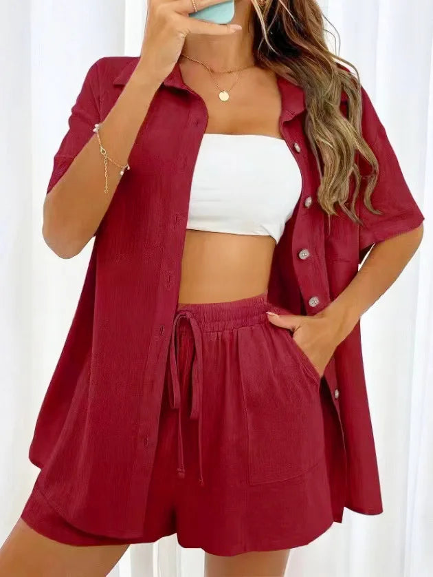 Women’s Casual Two-Piece Suit – Short Sleeve Single-Breasted Top & Skirt, Solid Color