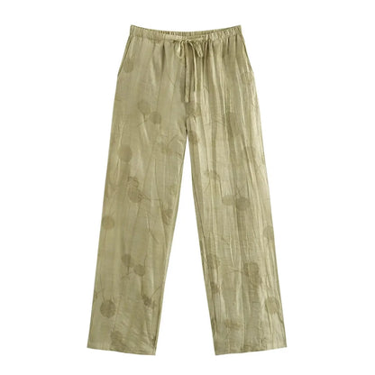Women’s Printed Two-Piece Set – Lapel Half-Sleeve Top & High-Waist Lace-Up Wide-Leg Pants