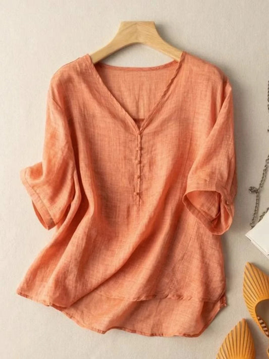 Slimming Color V-Neck Cotton-Linen Blend Top – Casual, Loose Fit, Thin T-Shirt for Women