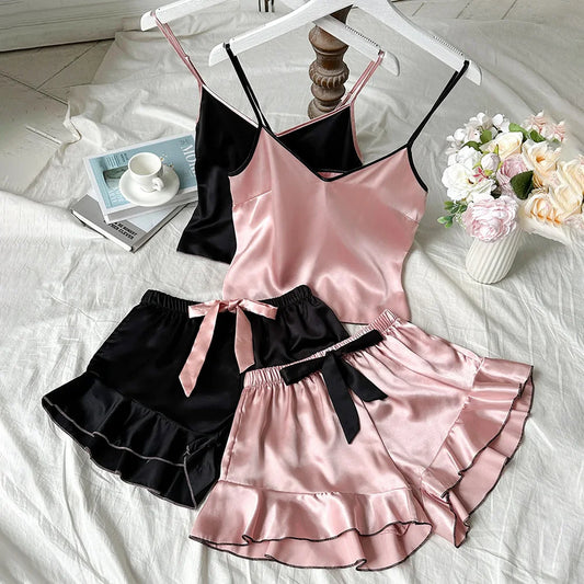 Smooth Satin Sleepwear – Ruffle Trim & Sling Top
