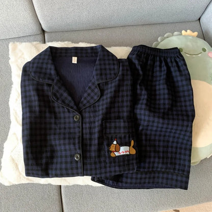 Cute Embroidered Dog Pajama Set – Plaid Short Sleeve Top & Shorts with Lapel Neck & Elastic Waist