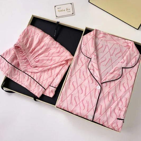 Summer Women’s Ice Silk Pajama Set – Short Sleeve Cardigan Loungewear
