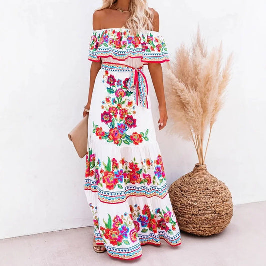 Spring/Summer One-Shoulder Maxi Dress – Red Flower Print, Sleeveless, Knee-Length, Regular Waist