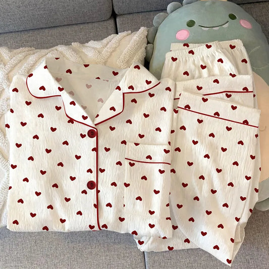 Spring & Autumn Women’s Pajama Set – Long Sleeve Crinkled Loungewear with Love Cardigan