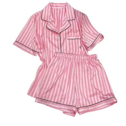Plus-Size Women’s Pajama Set – Short Sleeve Top & Shorts with Striped Cardigan Lapel Homewear