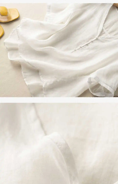 Slimming Color V-Neck Cotton-Linen Blend Top – Casual, Loose Fit, Thin T-Shirt for Women