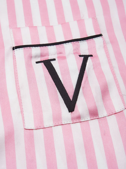 Women's Satin Pajama Set – Classic Striped Print, Short Sleeve Top & Long Pants with Lapel Collar, Pocket Letter & Button Detail