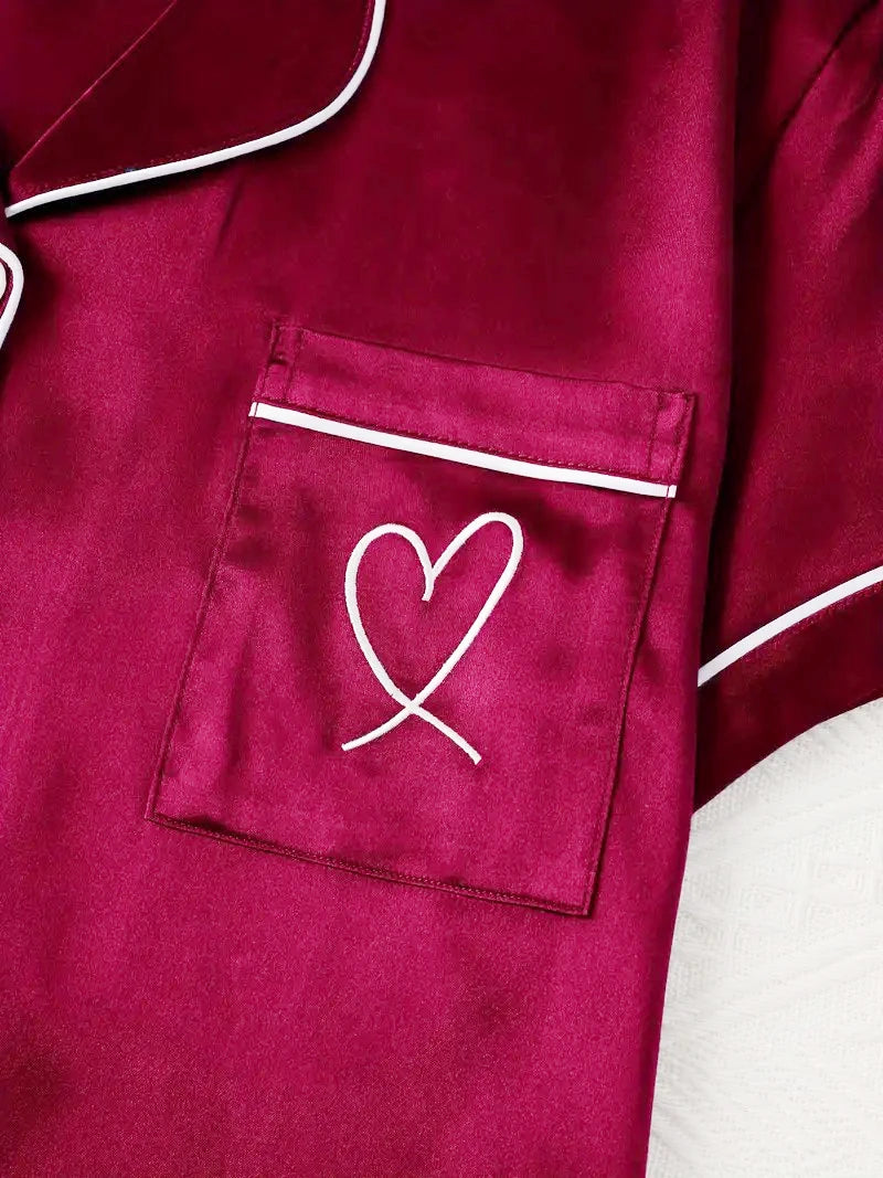 Heart Embroidered Women's Pajama Set – Button Down Top & Shorts Lounge Sleepwear
