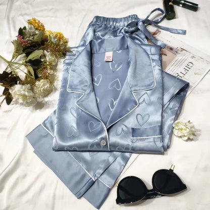Women’s Ice Silk Pajama Set – Long Sleeve Lace Top & Pants, Green Sweet Homewear