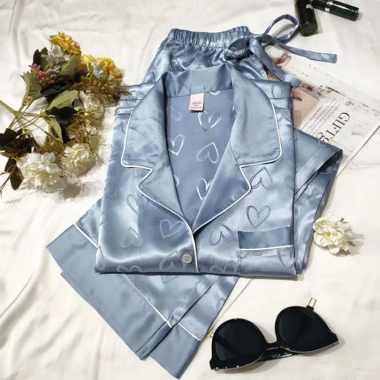Women’s Ice Silk Pajama Set – Long Sleeve Lace Top & Pants, Green Sweet Homewear