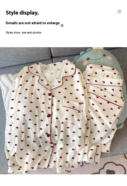 Spring & Autumn Women’s Pajama Set – Long Sleeve Crinkled Loungewear with Love Cardigan