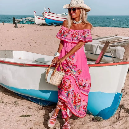 Spring/Summer One-Shoulder Maxi Dress – Red Flower Print, Sleeveless, Knee-Length, Regular Waist