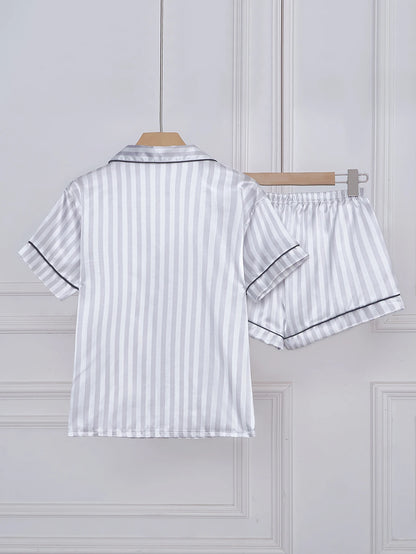 Striped Satin Pajama Set – Short Sleeve Top & Shorts with Embroidered Letter Pocket, Lapel Collar & Button Detail