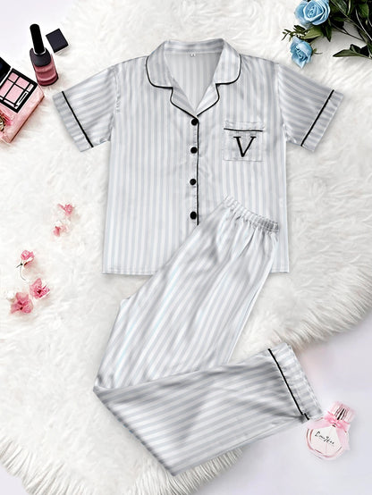 Women's Satin Pajama Set – Classic Striped Print, Short Sleeve Top & Long Pants with Lapel Collar, Pocket Letter & Button Detail
