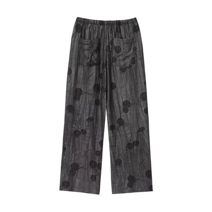 Women’s Printed Two-Piece Set – Lapel Half-Sleeve Top & High-Waist Lace-Up Wide-Leg Pants