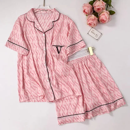 Summer Women’s Ice Silk Pajama Set – Short Sleeve Cardigan Loungewear