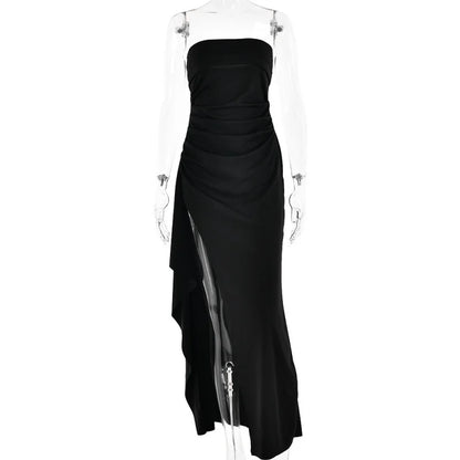 Black Off-Shoulder Strapless Maxi Dress – Backless, High Split, Sleeveless Bodycon Evening & Party Dress