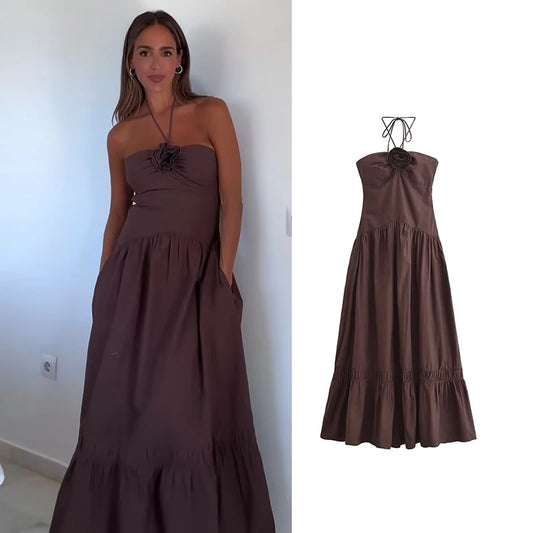 Women’s Summer Tube Top Dress – Hanging Neck, Chic Holiday & Party Long Dress