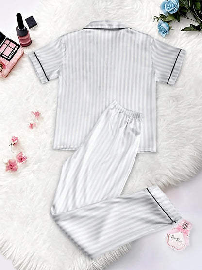 Women's Satin Pajama Set – Classic Striped Print, Short Sleeve Top & Long Pants with Lapel Collar, Pocket Letter & Button Detail