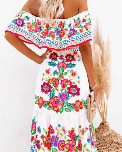 Spring/Summer One-Shoulder Maxi Dress – Red Flower Print, Sleeveless, Knee-Length, Regular Waist