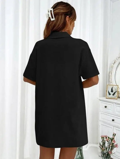 Women’s Casual Two-Piece Suit – Short Sleeve Single-Breasted Top & Skirt, Solid Color