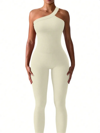 Women Yoga Jumpsuits Workout Ribbed One Shoulder One Piece Sport Jumpsuits