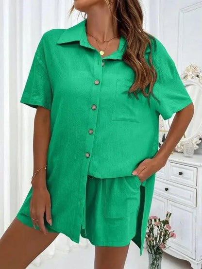 Women’s Casual Two-Piece Suit – Short Sleeve Single-Breasted Top & Skirt, Solid Color