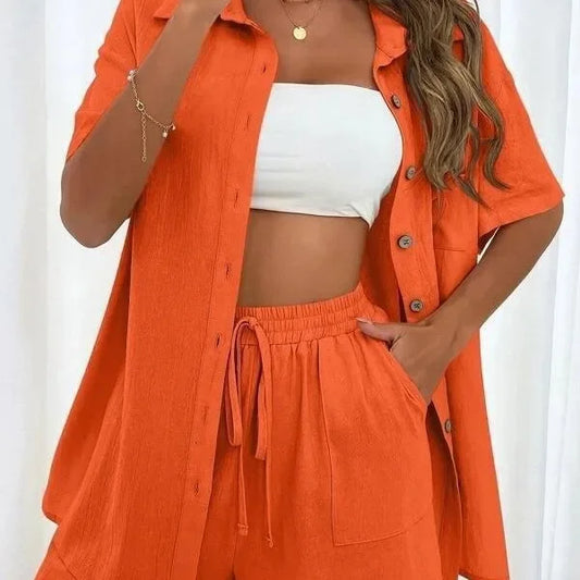 Women’s Casual Two-Piece Suit – Short Sleeve Single-Breasted Top & Skirt, Solid Color