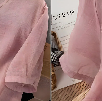 Slimming Color V-Neck Cotton-Linen Blend Top – Casual, Loose Fit, Thin T-Shirt for Women