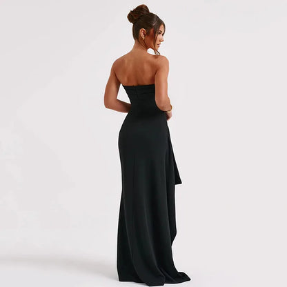 Black Off-Shoulder Strapless Maxi Dress – Backless, High Split, Sleeveless Bodycon Evening & Party Dress