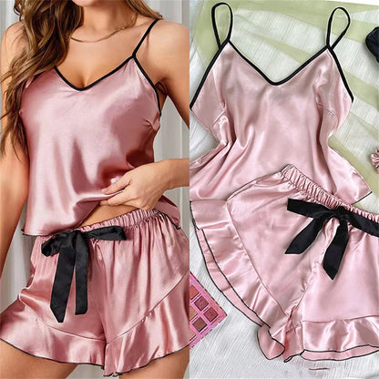 Smooth Satin Sleepwear – Ruffle Trim & Sling Top