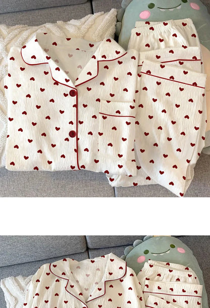 Spring & Autumn Women’s Pajama Set – Long Sleeve Crinkled Loungewear with Love Cardigan