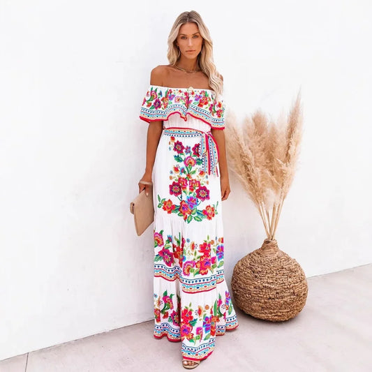 Spring/Summer One-Shoulder Maxi Dress – Red Flower Print, Sleeveless, Knee-Length, Regular Waist