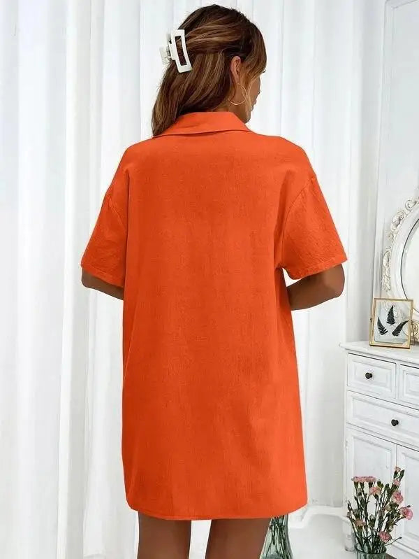 Women’s Casual Two-Piece Suit – Short Sleeve Single-Breasted Top & Skirt, Solid Color