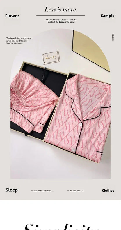 Summer Women’s Ice Silk Pajama Set – Short Sleeve Cardigan Loungewear
