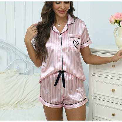Victoria Style Women's Satin Pajama Set – Striped Embroidered Short Sleeve Top & Shorts Summer Loungewear
